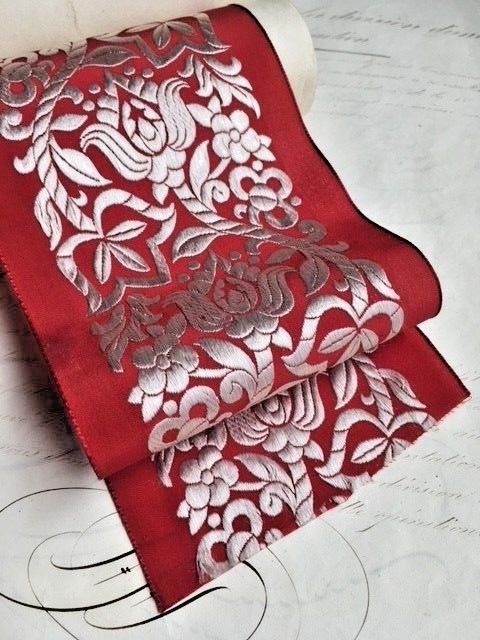 Antique Christmas Ribbon Roll WIDE Embroidered Red Silk
