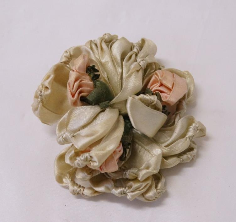 EDWARDIAN Satin RIBBON ROSETTE Pink Roses Ruched for Millinery, Doll, Dress