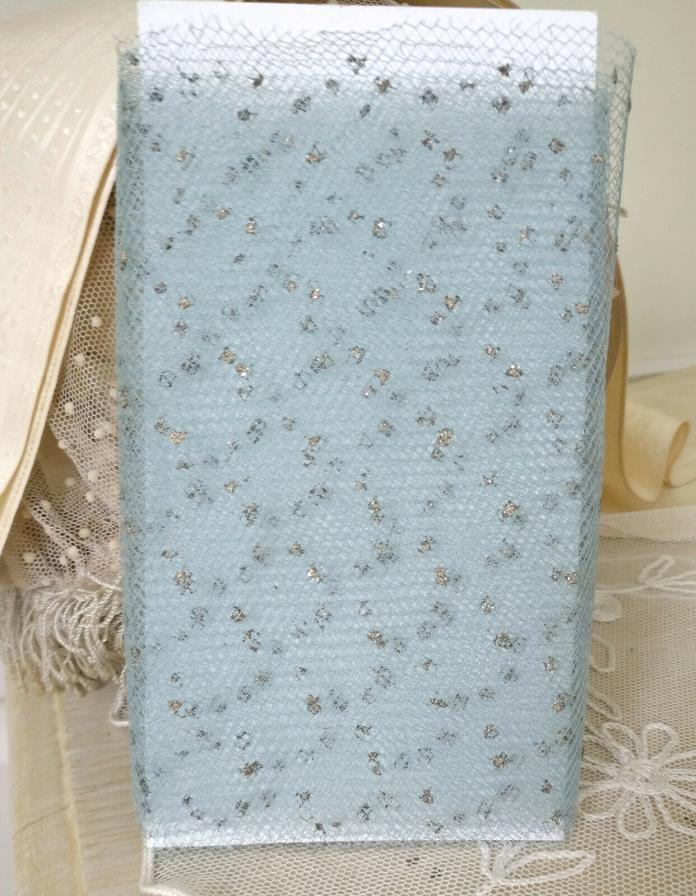 Vintage Pale Blue Tulle Glitter Dots Hat Netting Antique Millinery New Old Stock