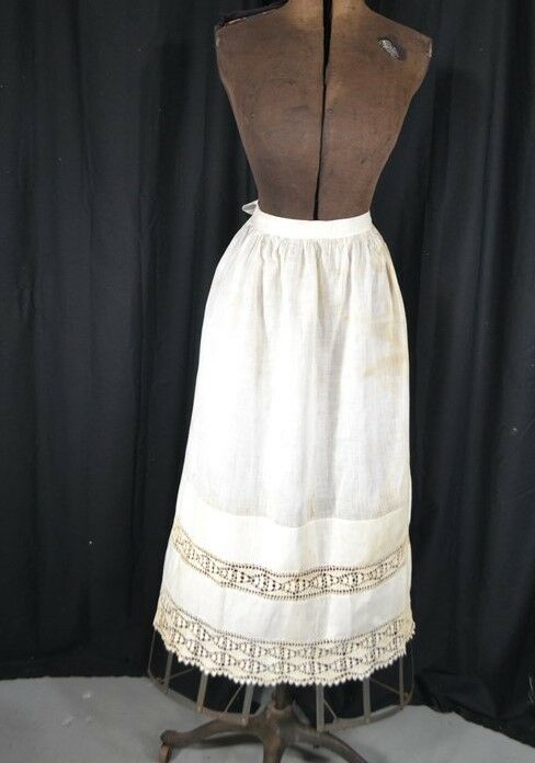 antique apron Civil War Era long half white cotton lace  original wearable