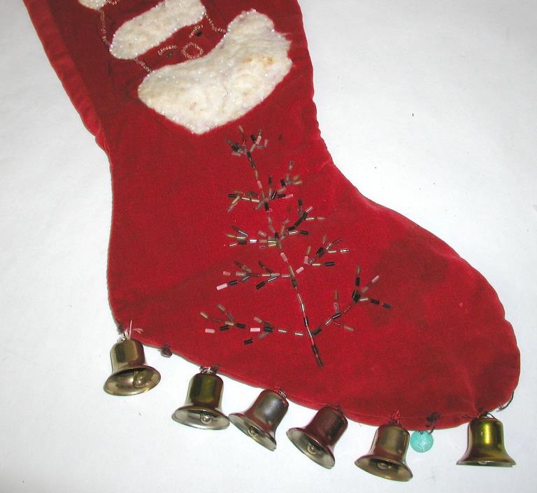 ANTIQUE Christmas STOCKING  RED Velvet Bells Beads Owners Age Would Be 108
