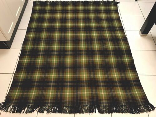 Vintage Large Wool Tartan Fringed Floor Rug Throw Blue Green 69x53 Blue Backed