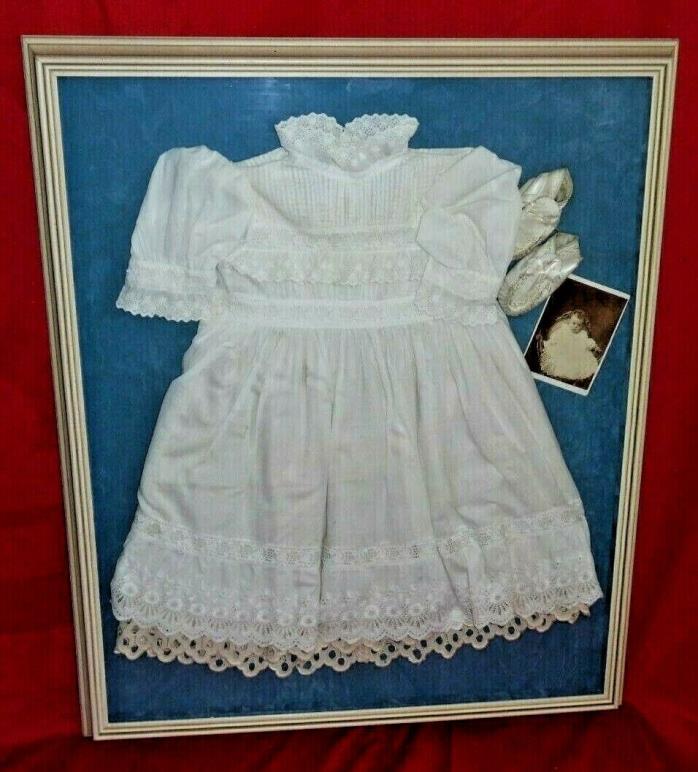 Framed Antique Baby Girl's Dress & Shoes w/ Photograph