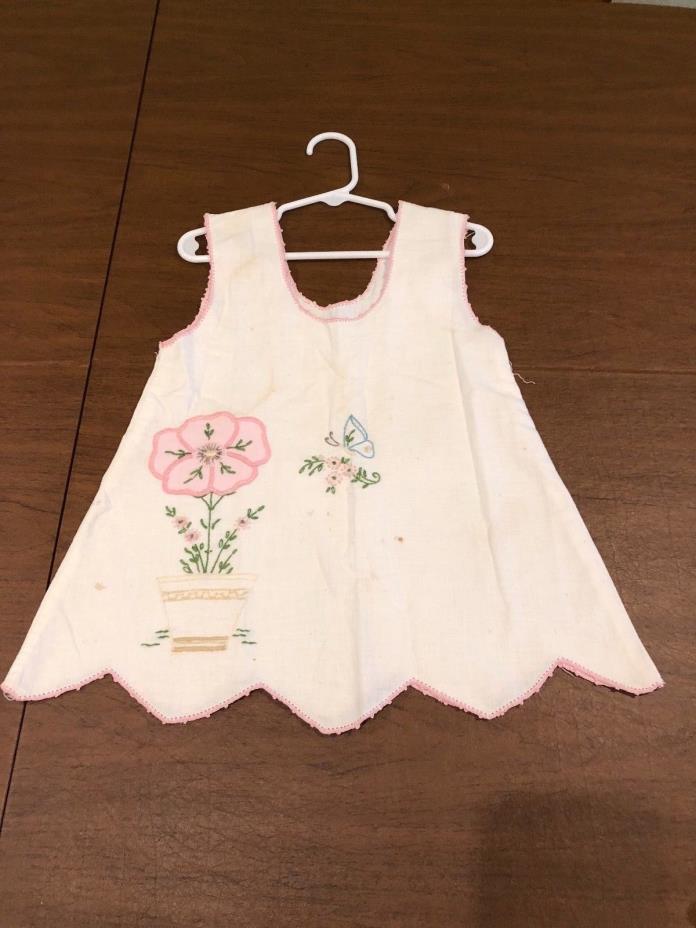 Antique 1920's Embroidered Girl's Pink Dress Cotton Linen Scalloped Edges Flower