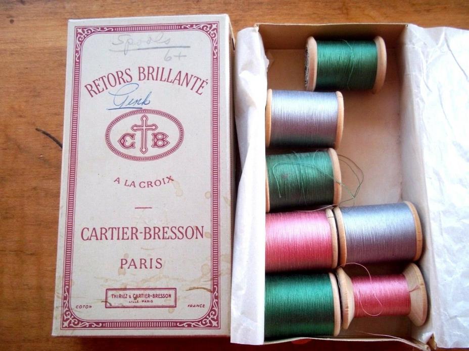 7 VNTG Wood Spools Variety THREAD-CARTIER BRESSON-RETORS BRILLANTE-ORIGINAL BOX