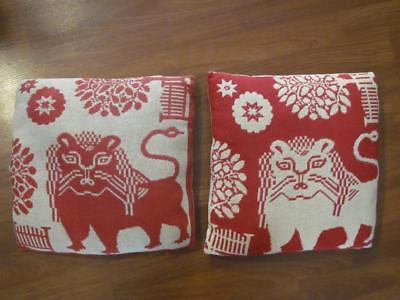 Antique Primitive Jacquard Weave Red Linen Folk Art Lion Reverse Image Pillows