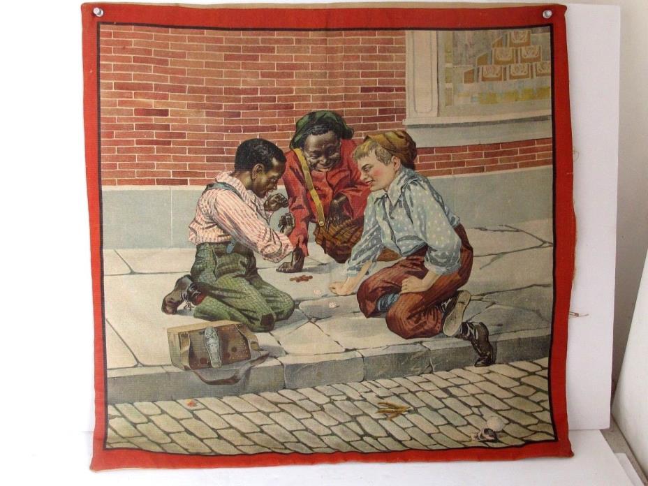 Antique Printed Pillow  Cover 3 Children Playing Dice 1890's Rare Image