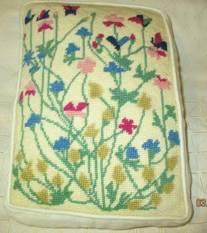 Vintage Floral Needlepoint Wool Embroidered Throw Pillow; Linen  9
