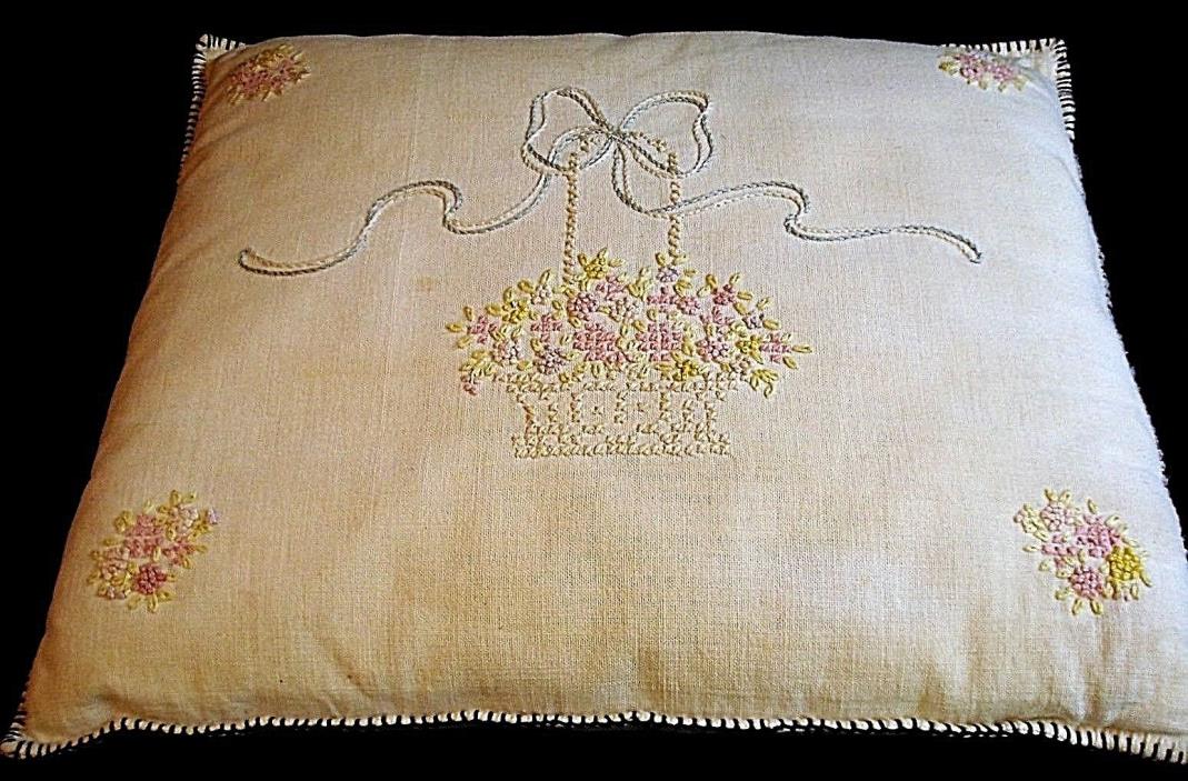 Vtg 1930's Embroidered Boudoir Pillow--Feather/Down Filled-Blanket Stitched Edge