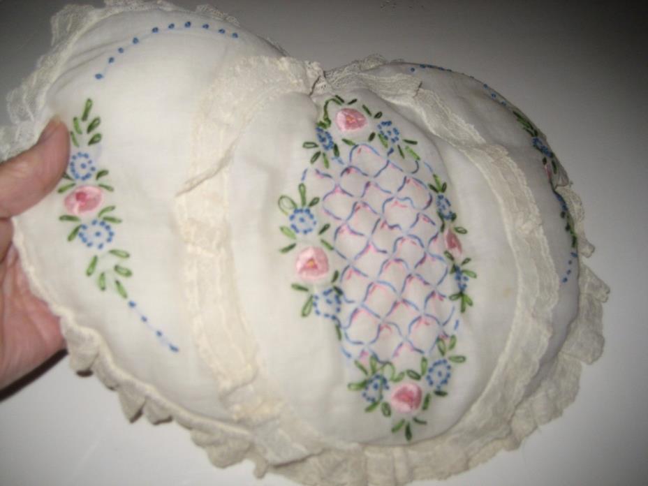 Vtg Antique Pink Blue ROSES BUDOIR PILLOW Embroidery Lace HEART Shabby Chic OLD!