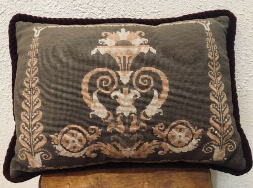 Antique French Neoclassical Design Velvet Pillow Needlepoint  Circa Late 1800's