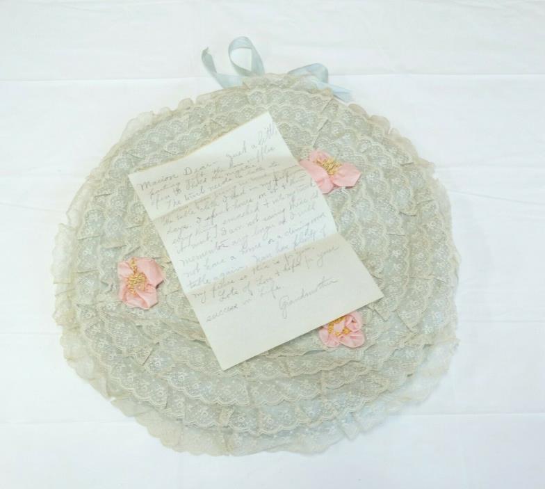 Vtg 1930's Ruffled LACE Silk Rosettes BOUDOIR PILLOW Lingerie Holder