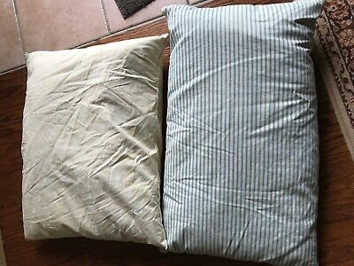 Two Vtg goose Down Feather bed pillows Blue strip cover and cream 16 x 27,19x24