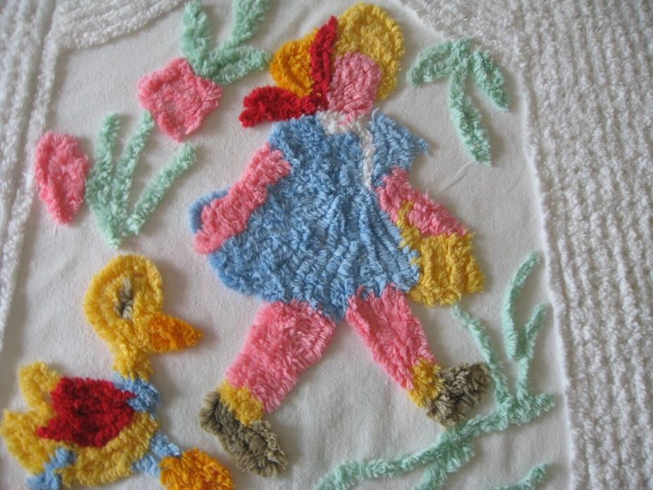 VINTAGE CHENILLE QUILT/COVERLET, GIRL W/DUCKIE ,66X40, FRESHLY LAUNDERED,ALL COT