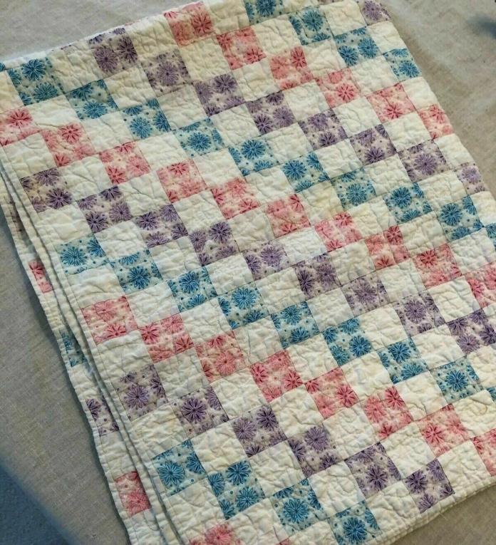 Vtg Handmade Quilted Lap Blanket Baby Crib Quilt Pieced Blocks 44