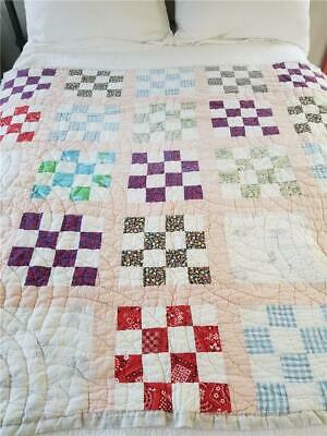 NICE VINTAGE 16 SIXTEEN PATCH PATCHWORK LAP QUILT HAND QUILTED 1940s