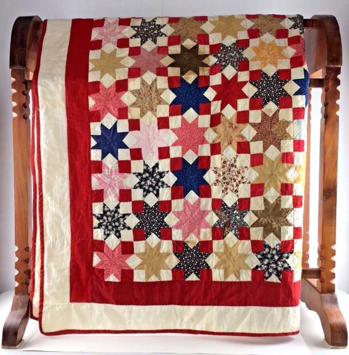 Amish Quilt Red Star Queen 75 x 75 Indiana Blanket Bed Spread Vtg Antique Gift