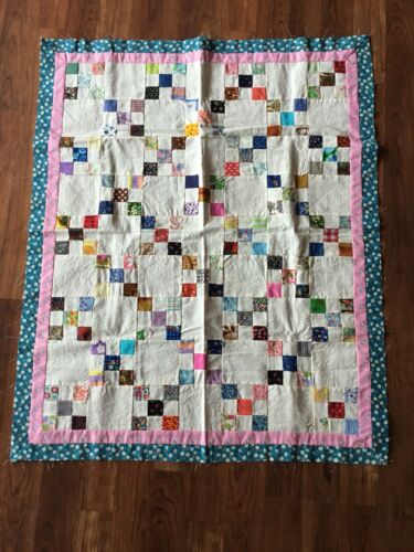 Vintage 1960s handmade Hand Stitched 9-patch child size Crib Quilt Tablecloth