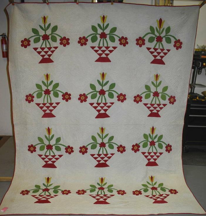 Red and Green Applique Flower Basket Quilt, Large Size, Well Quilted,  #18509