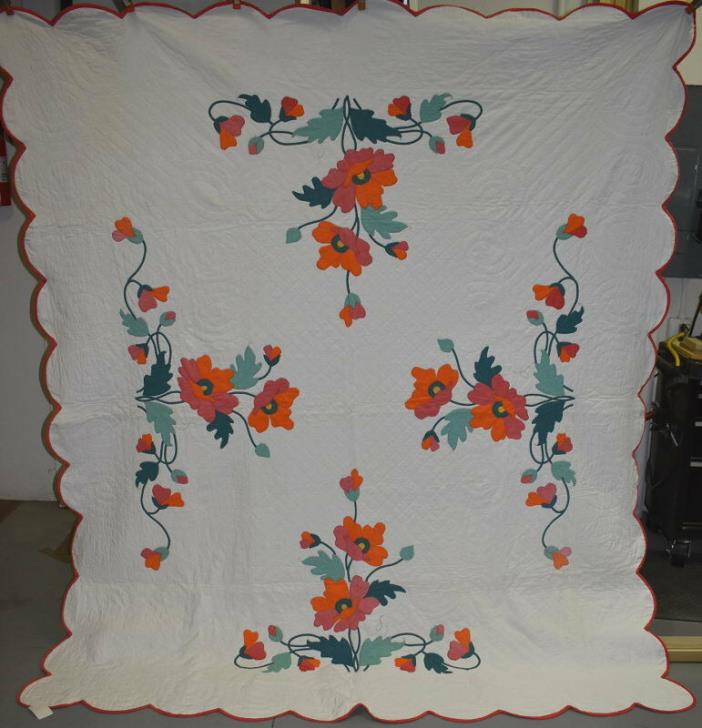 Antique Poppy Applique Quilt, Shades of Solid Orange and Green, #18454