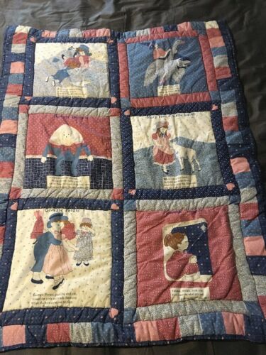 Vintage Hand Made Quilt with Nursery Rhymes Humpty Dumpty Mother Goose Jack Jill