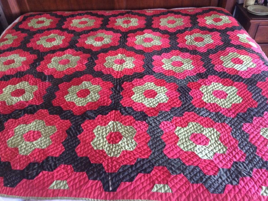 Antique 1850s Red Green Black Flower Garden English Chintz Back Quilt