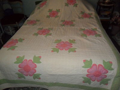 ANTIQUE HAND MADE COTTON QUILT- PINK DOGWOOD APPLIQUE- 1930-40 -Reduce Shipping