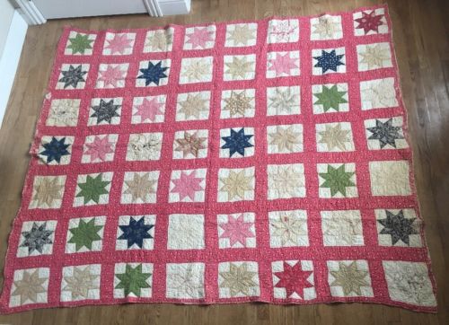 Antique Wonderful Hand Sewn 56-8 Pt Star Colorful Quilt 82” X 72”