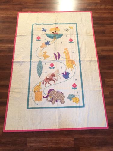 The BEST! Antique 1930s Noah's Ark Crib Quilt Vintage Folk Art Hand Made