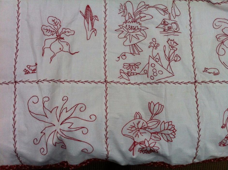 ANTIQUE dated 1902 Embroidered Redwork QUILT owl, geese, wishing well ++