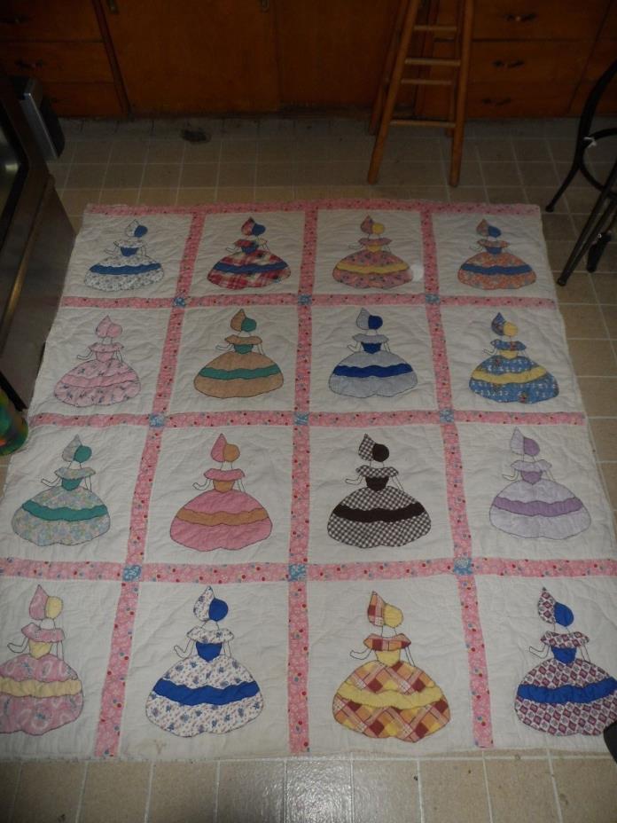 Sweet PINK c 1930s Sue Bonnet APPLIQUE Antique Quilt Cottage 72 X 80 APPROX OOAK