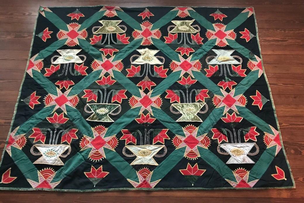 Antique Outstanding Early Handmade Wool Silk Basket Quilt