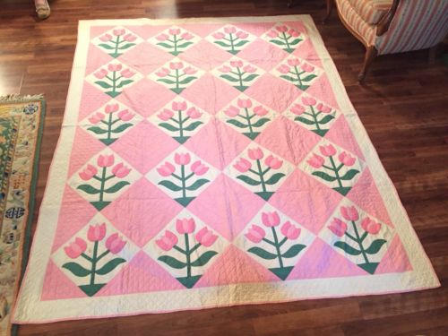 NICE! Vintage 30's PINK Tulip Applique Antique Quilt GREAT DESIGN