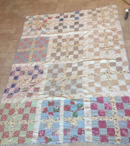 ANTIQUE vintage quilt Cotton old FEEDSACK hand quilted Full Farmhouse Bed