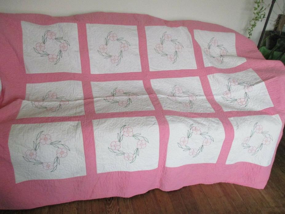 Vintage Pink Embroidery Flowers Depression Era Hand Quilted Cotton 1930s Quilt