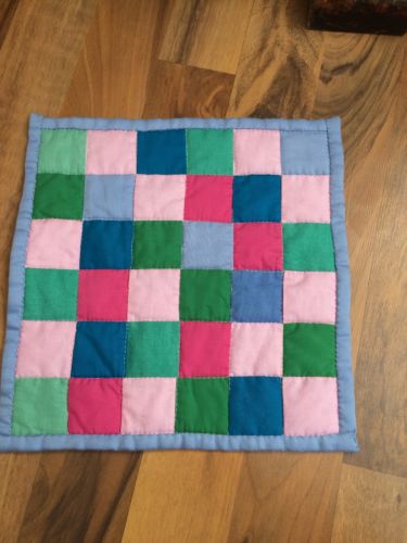 Post Stamp Hand Quilted Amish Colors Doll Quilt Bound and Backed in Blue 10 X 10