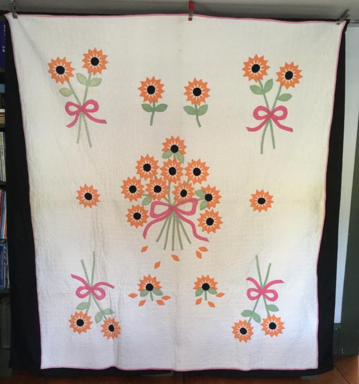 Fun C1930 Hand Appliqued + Quilted Black Eyed Susan Quilt 82