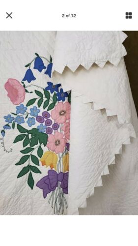 Amazing Handwork! SUPERB Vintage Cottage Applique Flower Bouquet Quilt 95X81