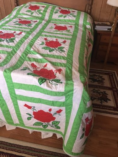 Vintage Hand Appliqued Hand Quilted red roses Quilt  84 x108 green white set
