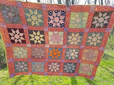Stunning Colorful Unique Antique 8 Point Star Hand Quilted Quilt 85 x 72