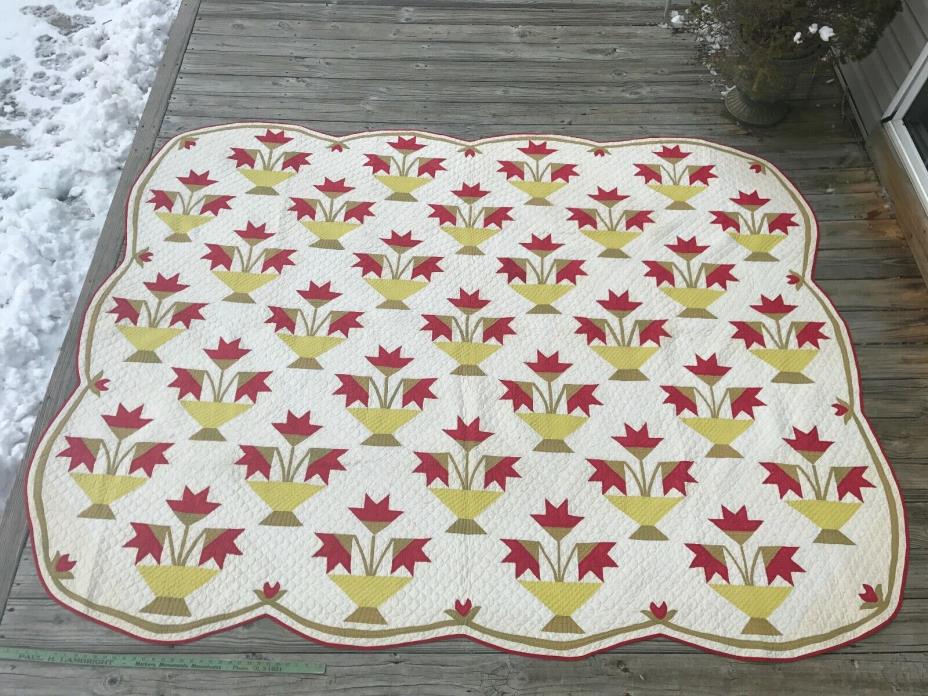 HUGE! Antique Applique Quilt Carolina Lily Green Red Mustard And White Baskets