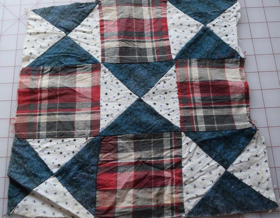 1 1870-80's Broken Dishes-9 Patch quilt block, nice shirtings, plaid