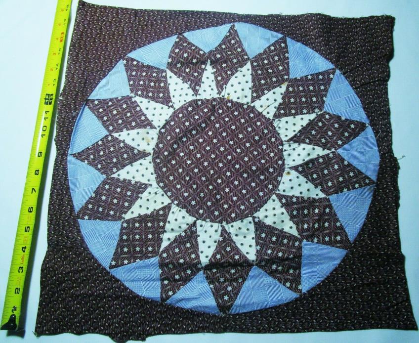 Antique Quilt Block 1800's Hand sewn Star/Wheel Crisp! large 18