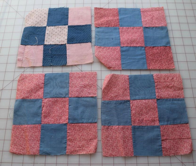 4 Vintage 1900's 9 Patch quilt blocks, double pink, cadet & indigo blue