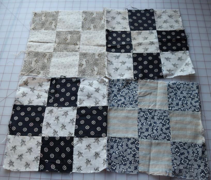 4 1880-90's 9 Patch quilt blocks, beautiful shirtings, sewn in pairs