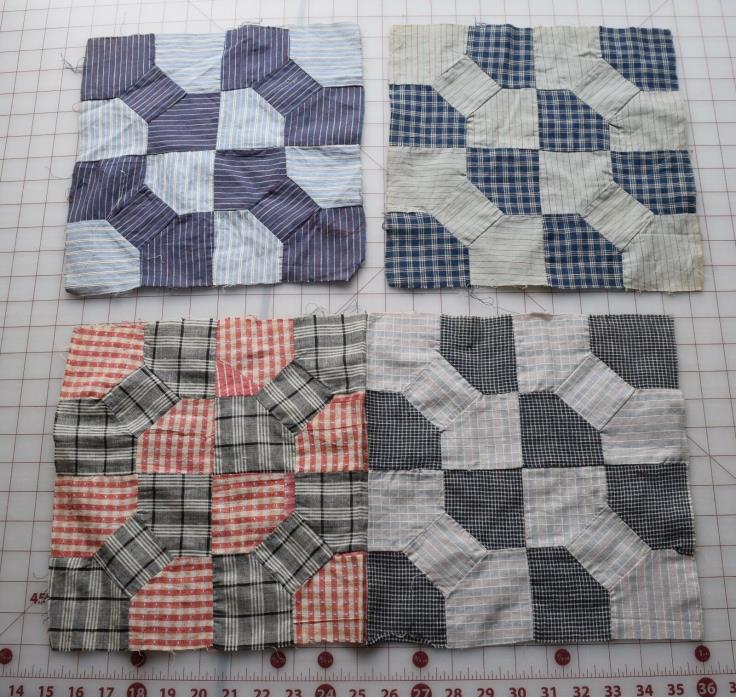 4 antique 1900-1920 Double Bow Tie quilt blocks, thread dyes, handsome!