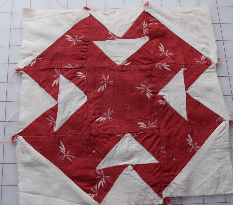 1 1870-80's Double T quilt block, beautiful red shirting
