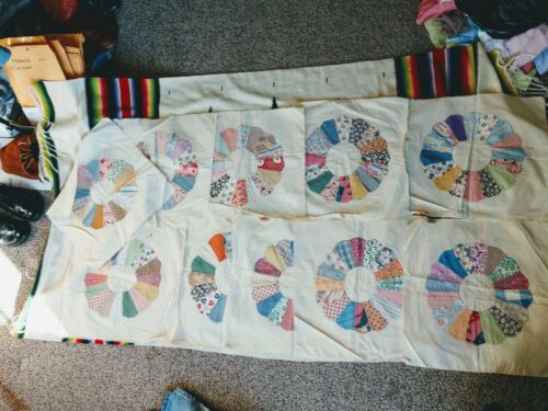 10 Antique Hand Sewn Wedding Ring Quilt Squares 17 x 18