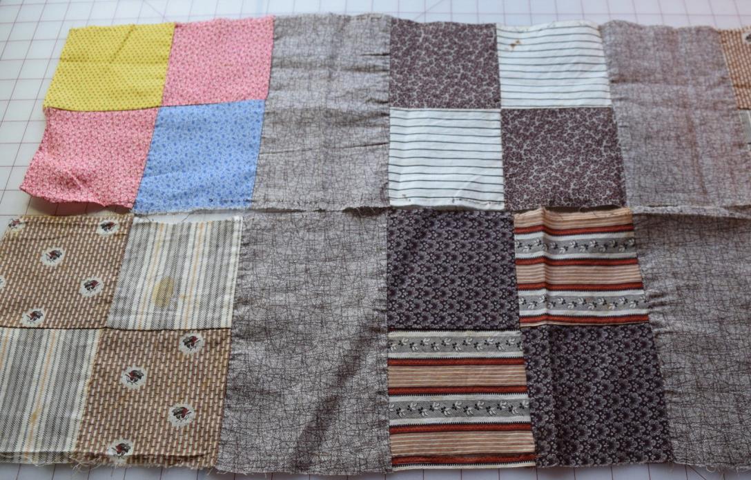 13 1870-90 4 Patch quilt blocks in strip, extra fabric, great prints!