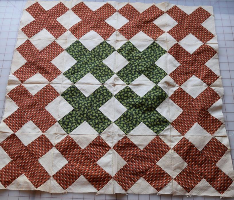 54 antique 1850-60 small X patch quilt blocks, madder red/brown, beautiful green